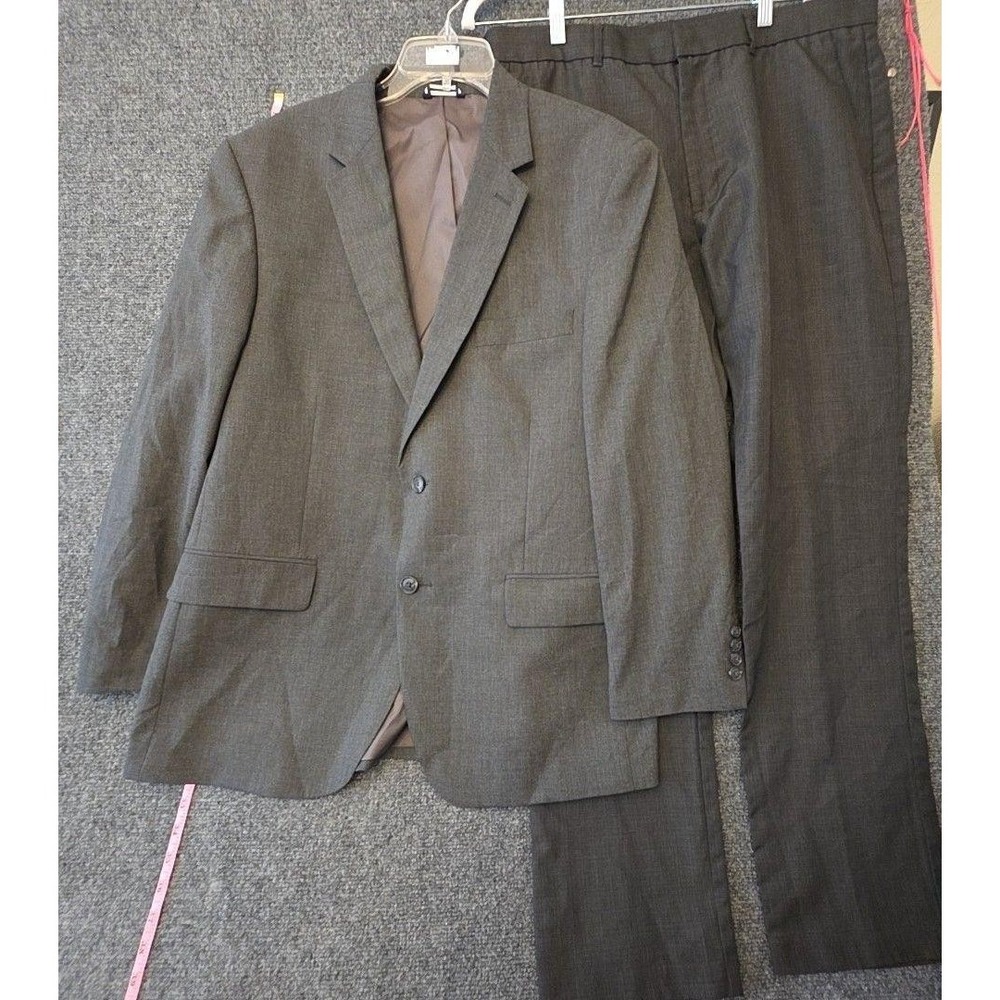 Saddlebred Perry Ellis Suit Mens 44R 36x32 Gray Check Slim Stretch 2 Piece Set